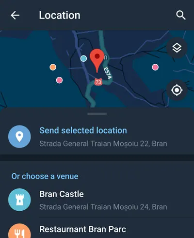 Android 版 Telegram 夜间模式下地图上的共享位置。