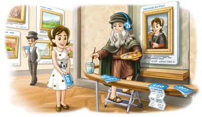Telegram 女士走向卢浮宫里正在刷新《蒙娜丽莎》的达·芬奇。他戴着 2 倍速耳机,还递出像是电子名片的小册子。