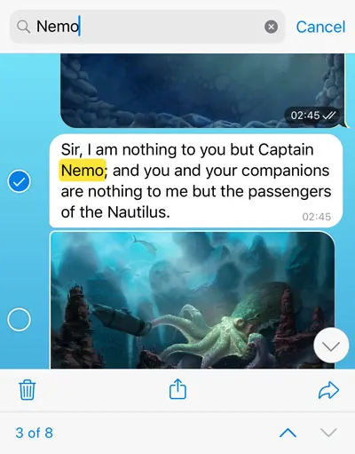 截图显示 iOS 上在不离开搜索模式的情况下选中了多条消息。