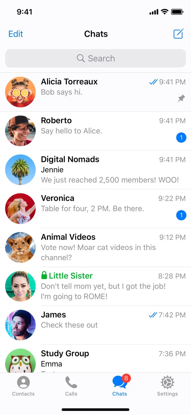 Telegram 应用主界面的聊天列表