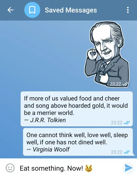 演示:在“收藏夹(Saved Messages)”聊天中定时一条消息即可创建提醒。时间一到,你就会收到 Telegram 发来的、含有你所选消息的通知。