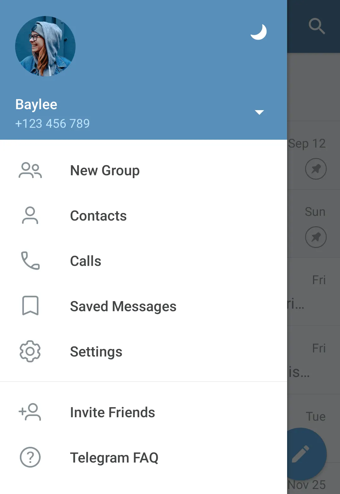 Android 侧边菜单中的全新夜间模式开关。